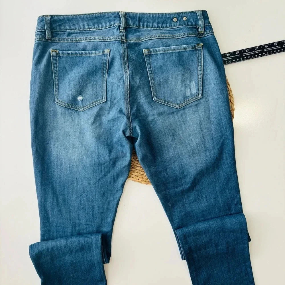 CAbi Jeans Slim Boyfriend Distressed Stretch Whiskering‎ Dark Wash Blue Size 8